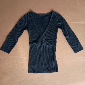 bodycon faux wrap v-neck rib knit 3/4 sleeve super stretchy black sweater size S